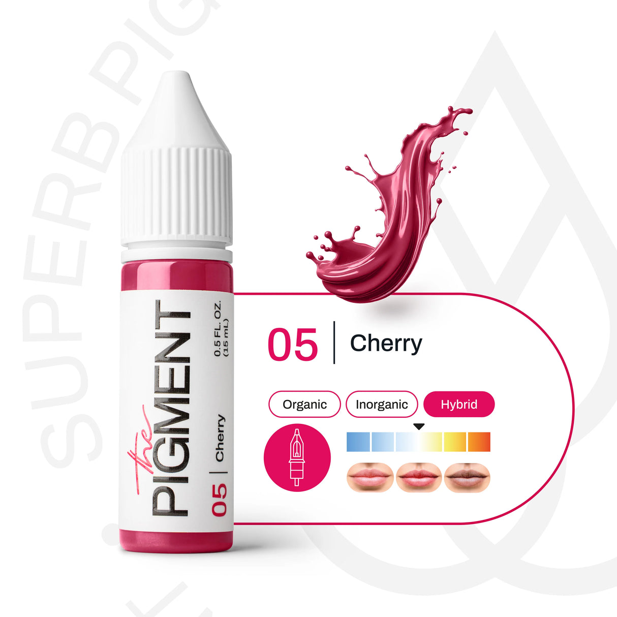 15ml Cherry Pigment from The Pigment 05 for permanent makeup lips, showing vibrant red liquid pigment in a sealed bottle.