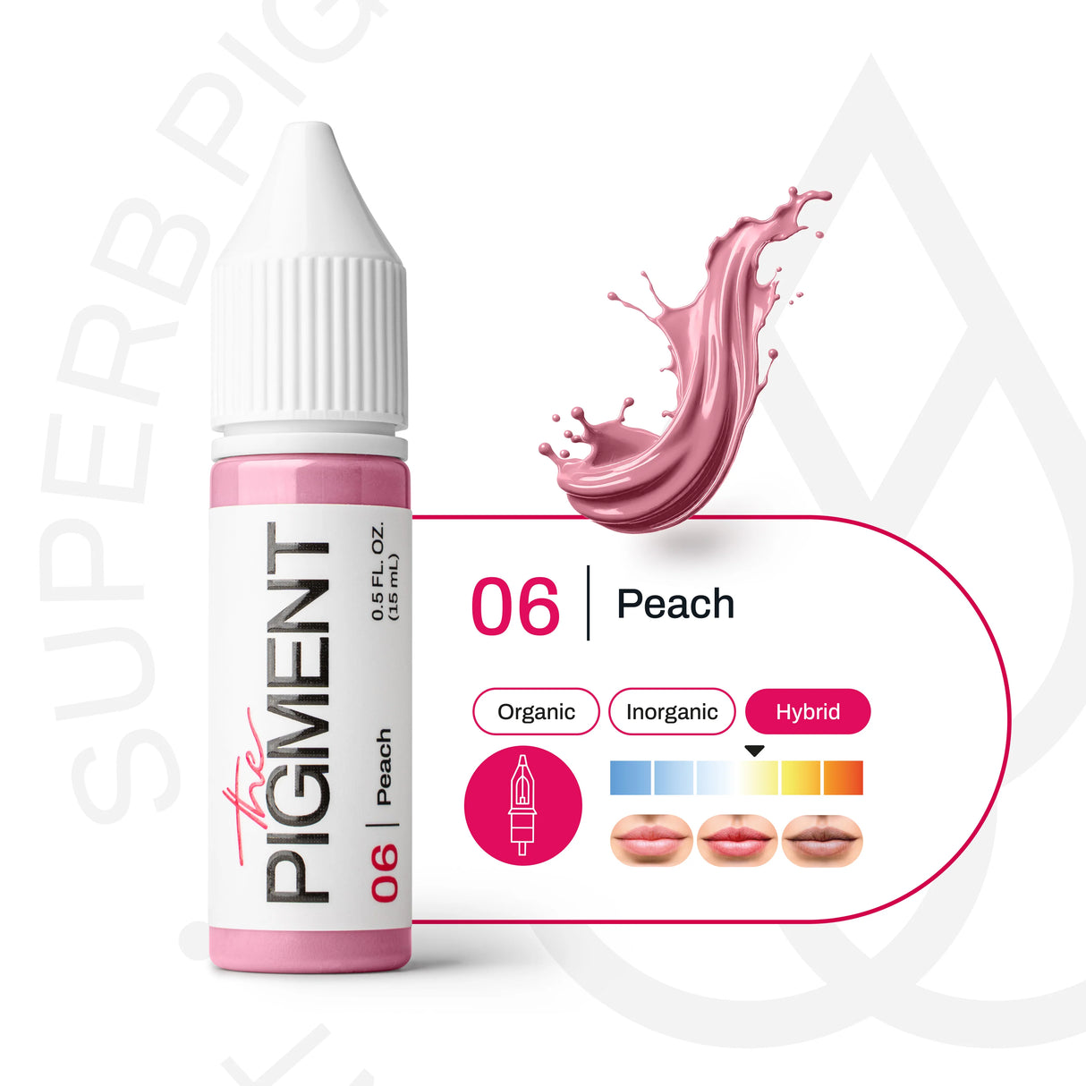 Peach pigment color from The Pigment 06 for permanent makeup, shown in a 15ml container with a smooth peach-colored surface.