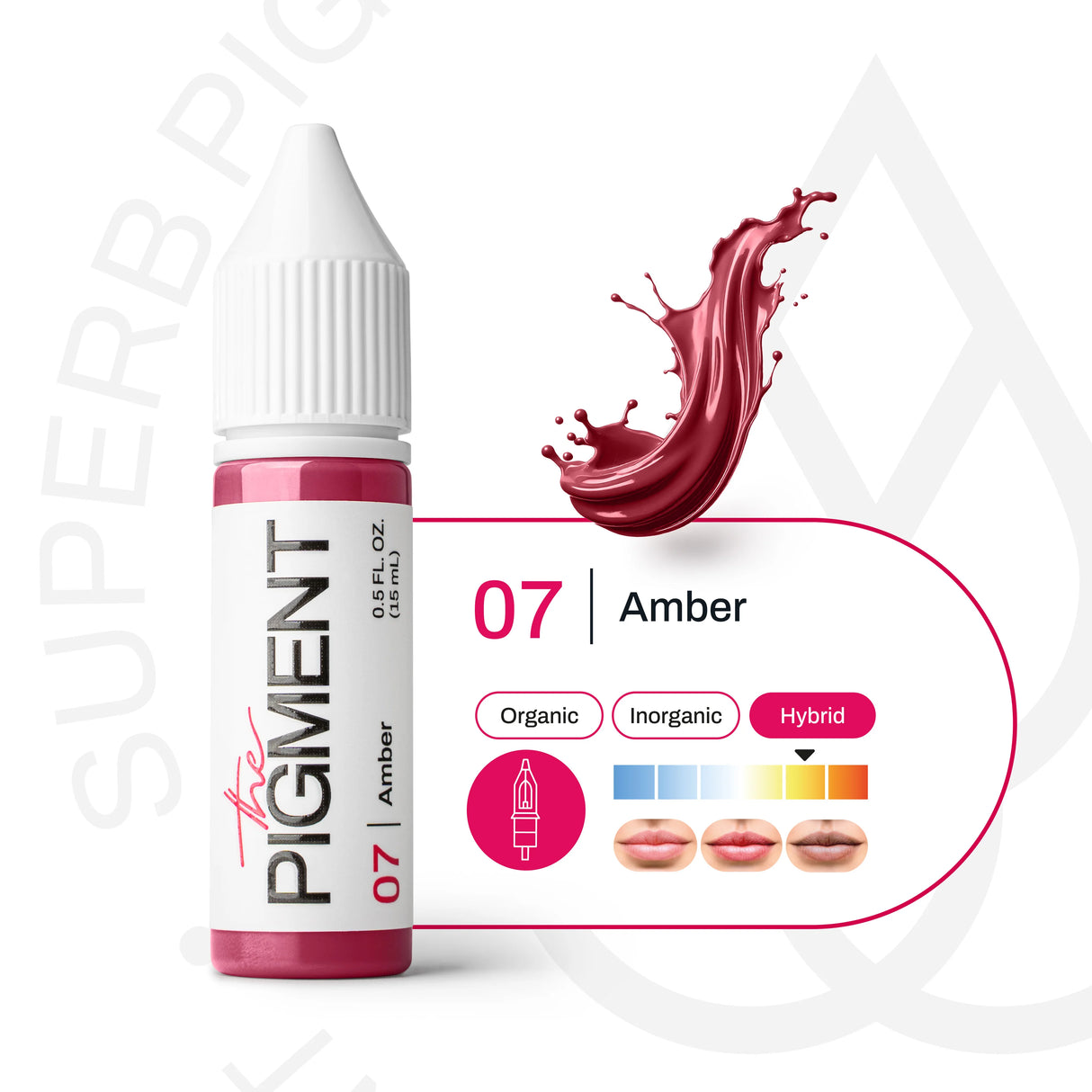 The Pigment 07 Amber pigment in a 15ml container, designed for permanent makeup, with a close-up of the product container.