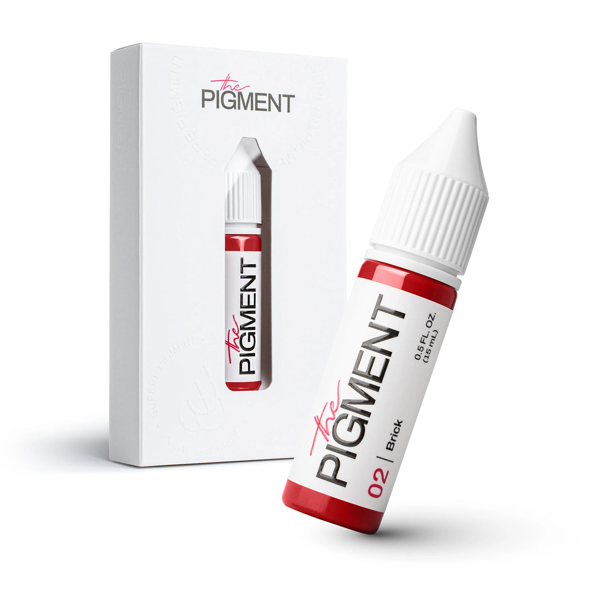The Pigment 02 Brick pigment 15ml bottle for permanent makeup, with a close-up of the product label and brick-colored pigment.