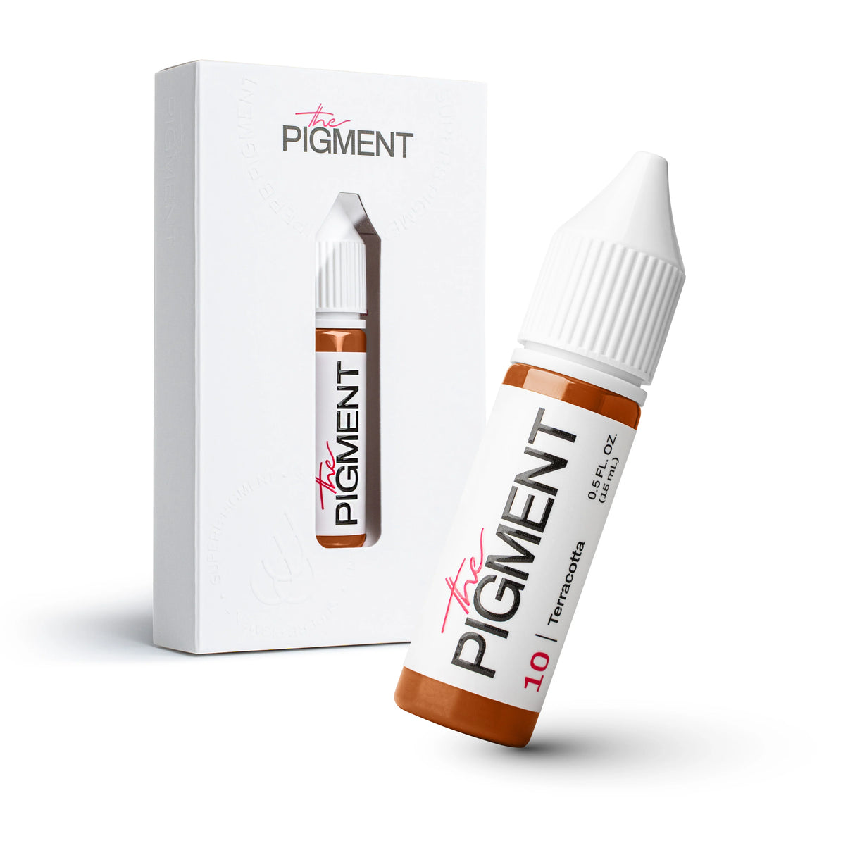The Pigment 10 Terracotta pigment for permanent makeup, 15ml jar, showcasing warm terracotta color with a smooth, creamy texture.