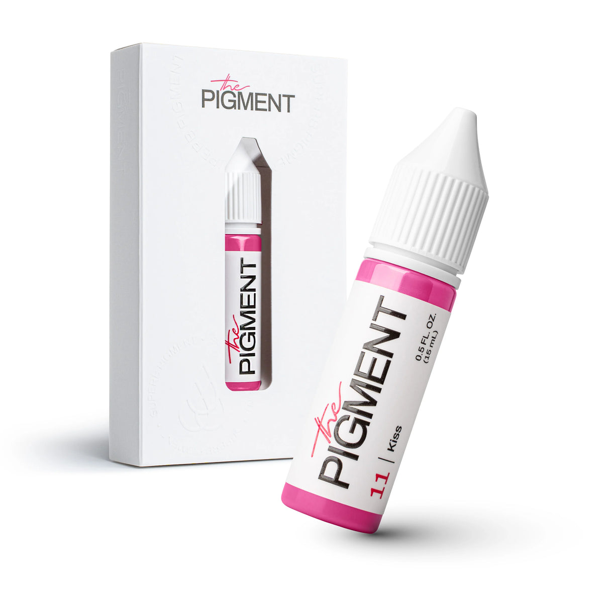 The Pigment 11 Kiss pigment for permanent makeup, showing a 15ml bottle with the product label and color swatch.