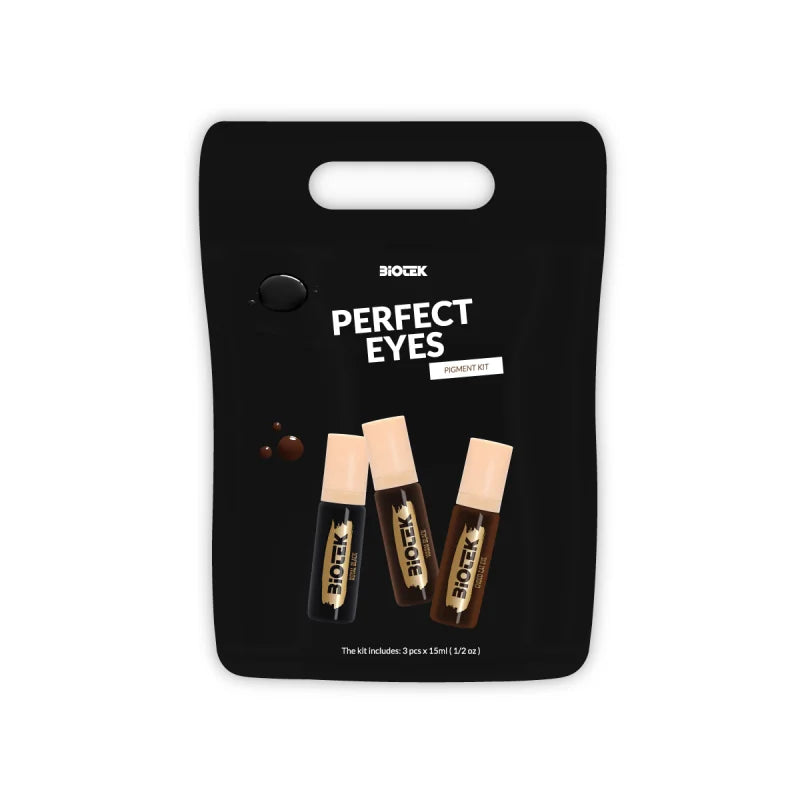 Biotek Perfect Eyes Pigment Kit with three 15ml bottles containing eye pigment colors for cosmetic use.