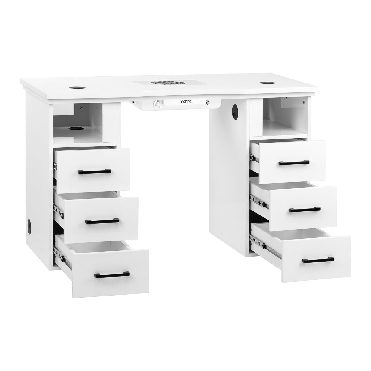 MOMO L01 cosmetic desk with dust absorber for beauty salons, featuring a sleek workspace and storage compartments.