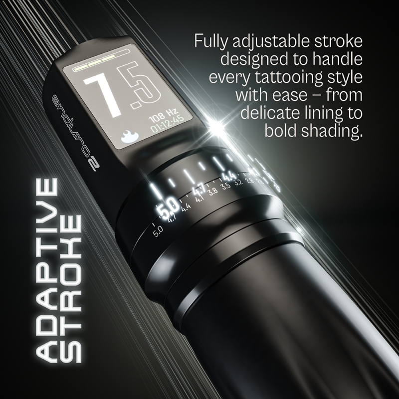 Equaliser Enduro2 wireless tattoo machine with sleek design and adjustable settings, ideal for professional tattoo artists.