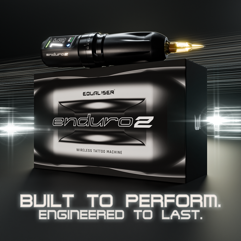Equaliser Enduro2 wireless tattoo machine with sleek black design and ergonomic grip for professional tattooing.