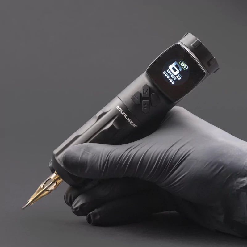 Equaliser Hybrid Fox Wireless Tattoo Machine showing sleek design with wireless controls and adjustable needle mechanism.