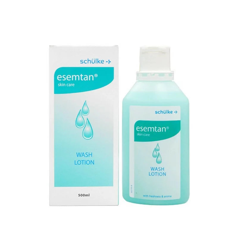 Schülke Esemtan Wash Lotion in 500ml and 1000ml bottles, gentle skin cleanser with a clear liquid appearance.