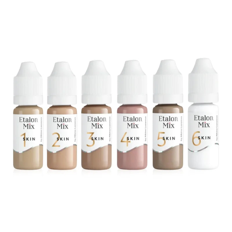 Etalon Mix camouflage skin pigment set with six 10ml bottles of skin-tone pigments for cosmetic tattooing and microblading.