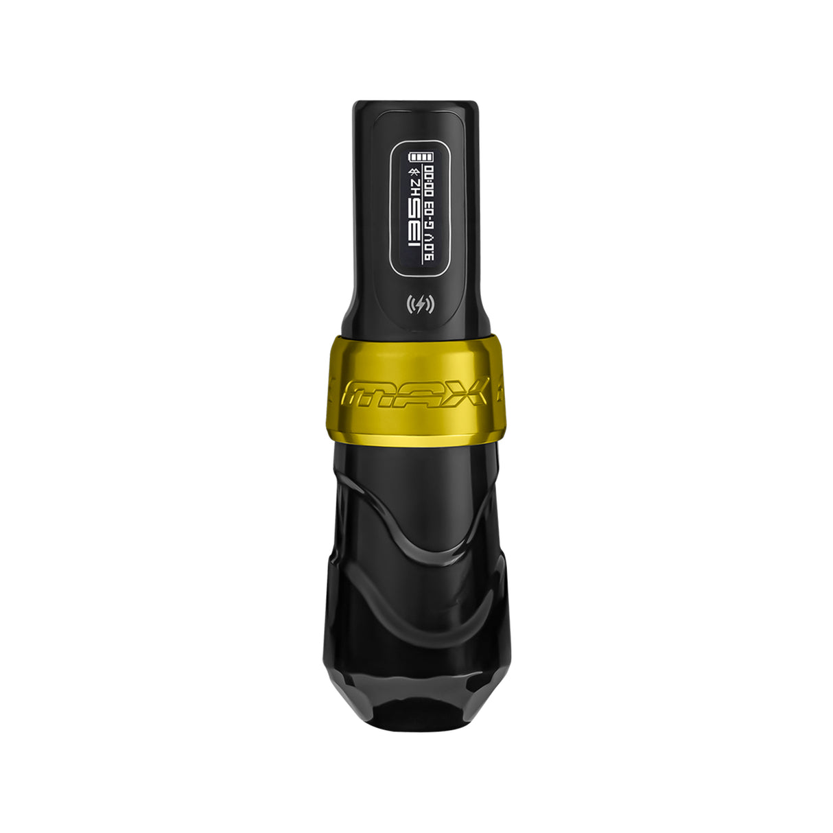 FK Irons Flux Max Gold/Stealth tattoo machine side view