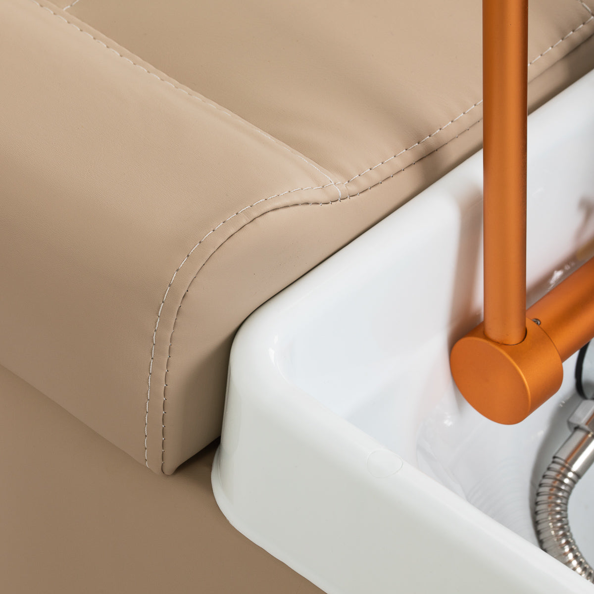 Gabbiano Head Spa Maldives hair washing bed in beige with padded cushion and ergonomic design for comfortable hair washing sessions.