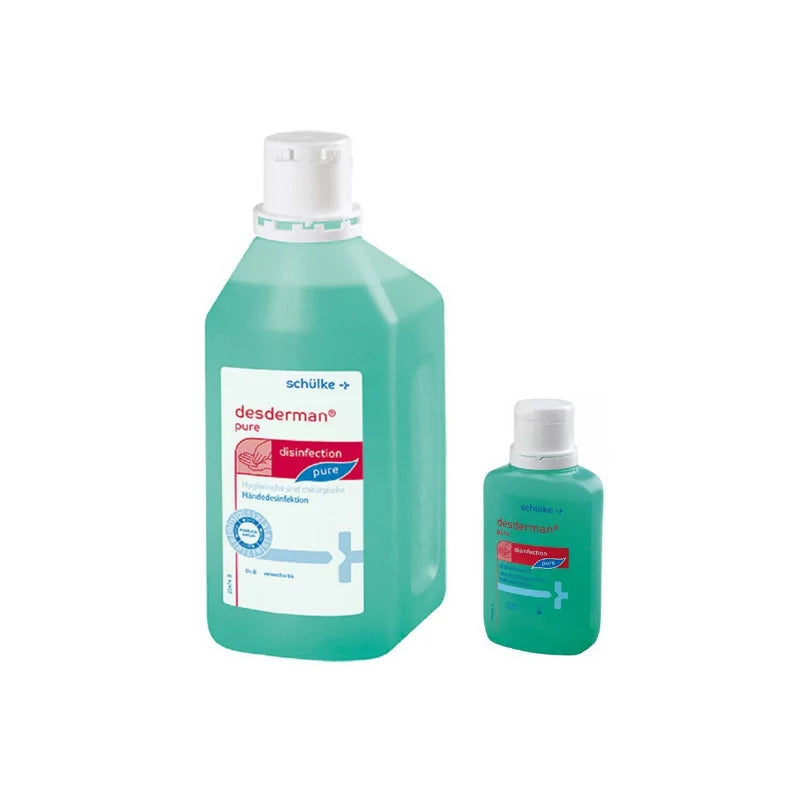 Schülke Desderman Pure hand disinfectant bottle, 100ml or 1000ml, with label and pump for hygienic hand sanitation