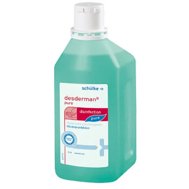 Schülke Desderman Pure hand disinfectant in a 100ml or 1000ml bottle, showing the clear liquid inside the sanitizer bottle.