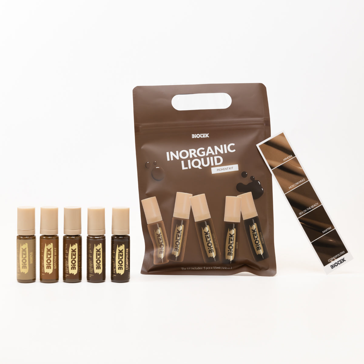 Open Biotek Inorganic Liquid Brow Kit with five 15ml bottles, featuring brow tinting liquids and applicator tools.