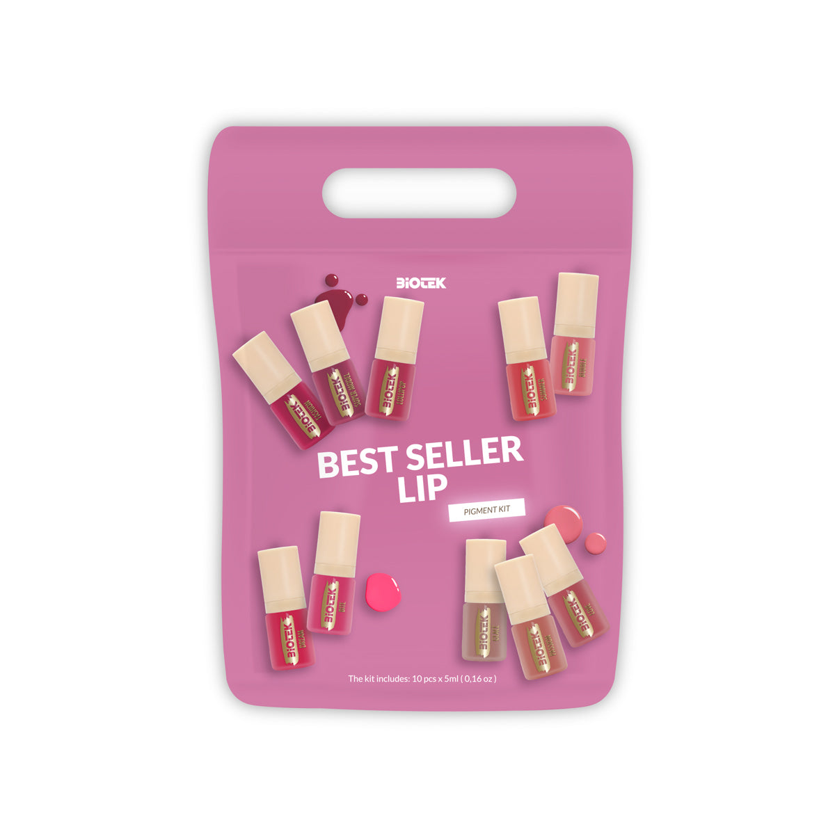 Biotek Lip Kit with ten 5ml lip glosses in various shades, displayed in a sleek, organized set.