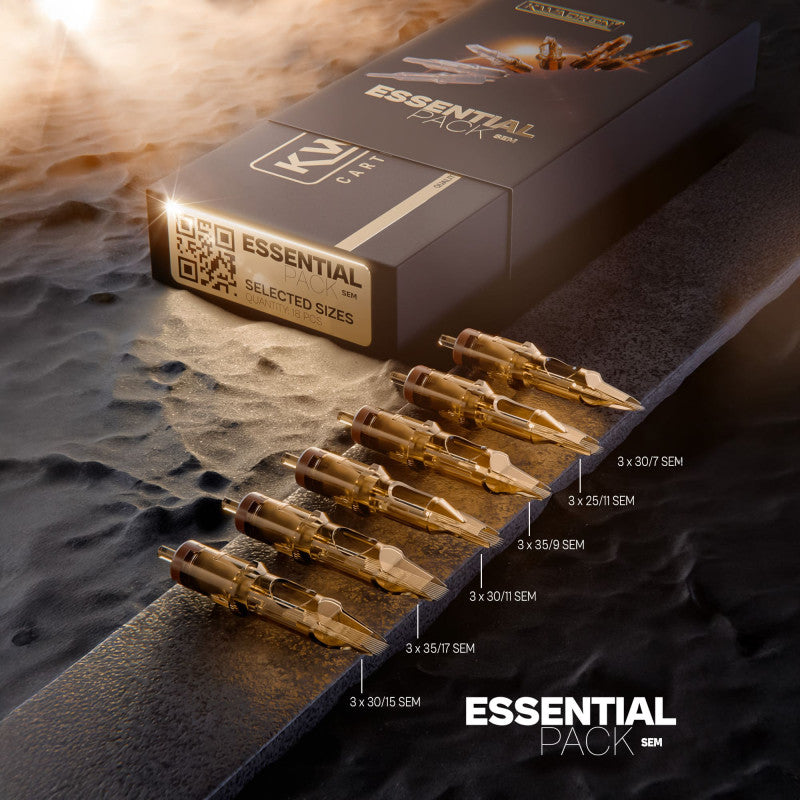 Kwadron Cartridge System SEM Essential Pack with 18 replacement cartridges for tattoo machines.
