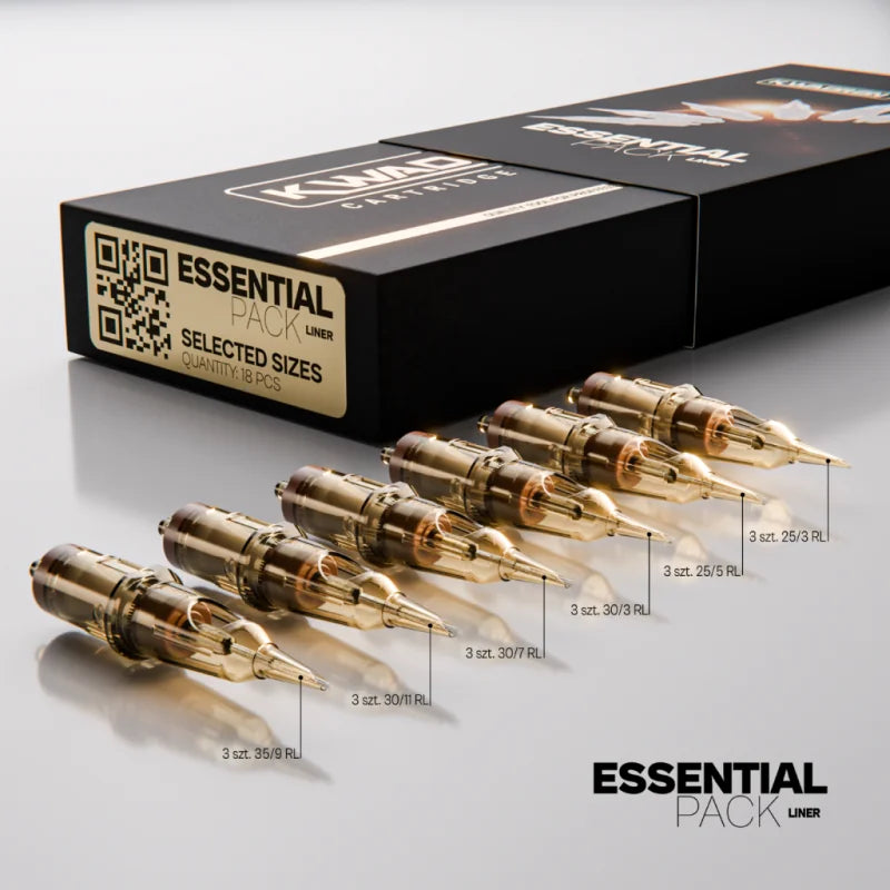 Kwadron Cartridge System Liner Essential Pack with 18 disposable tattoo cartridges in various sizes for professional tattooing.