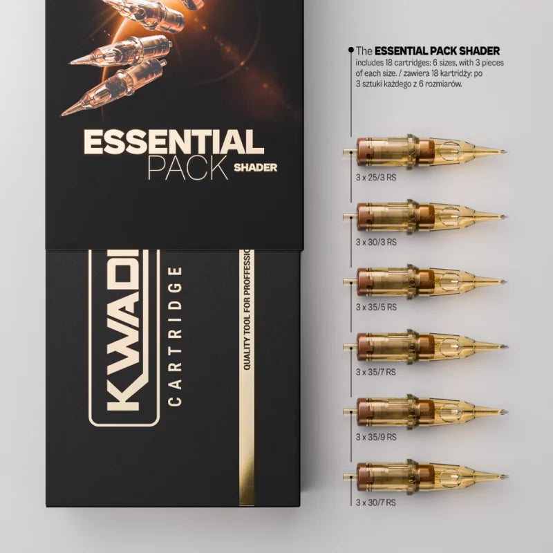 Kwadron Cartridge System Shader Essential Pack with 18 tattoo needles in various sizes for professional shading and coloring.