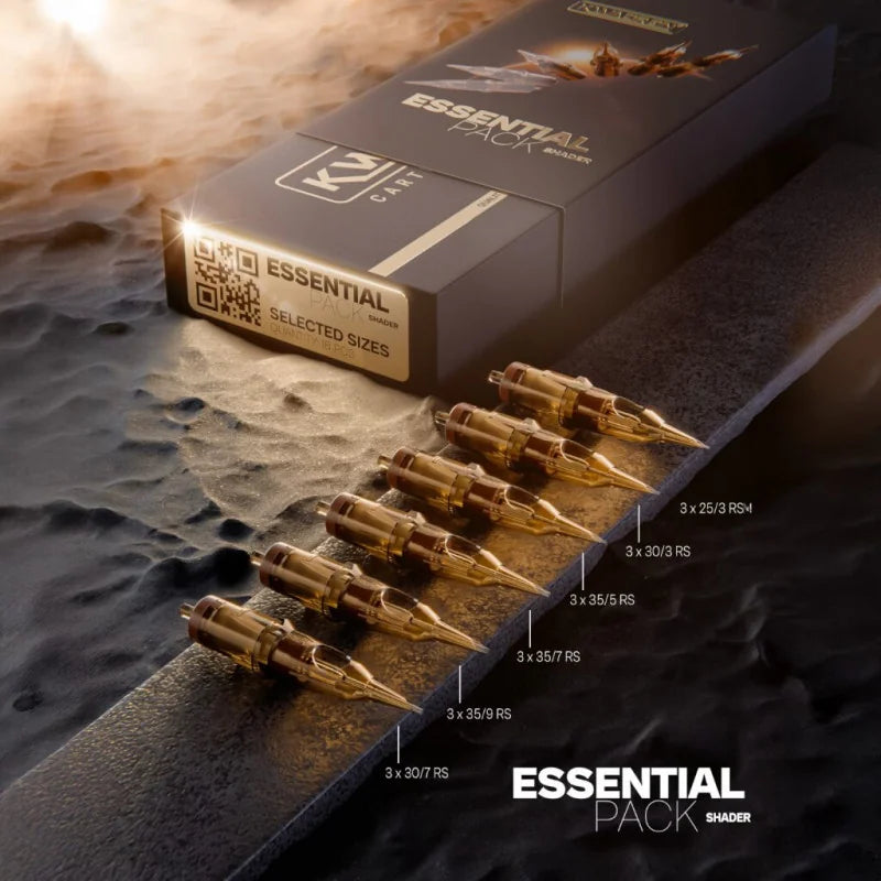 Kwadron Cartridge System Shader Essential Pack with 18 precision tattoo cartridges in a clear storage tray.