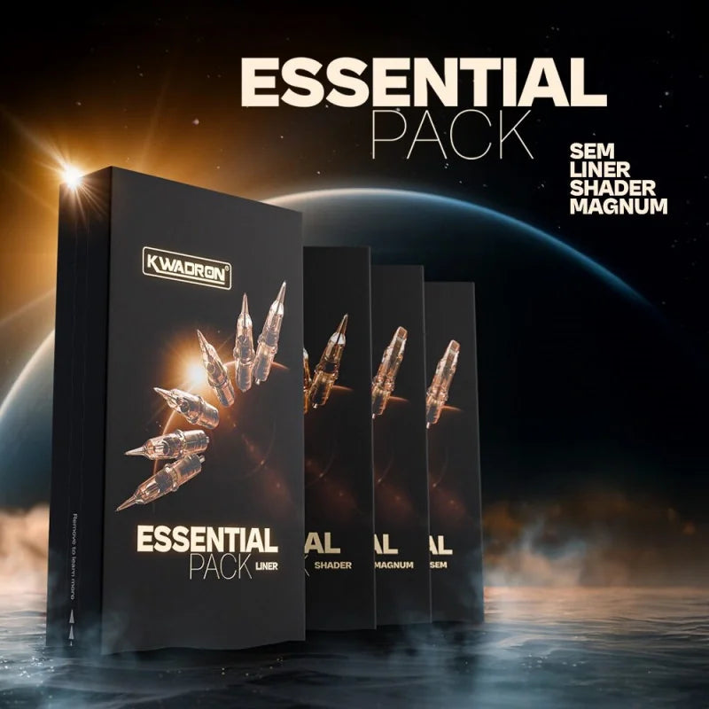 Kwadron Cartridge System Shader Essential Pack, 18pcs, with assorted tattoo cartridges for shading and lining.