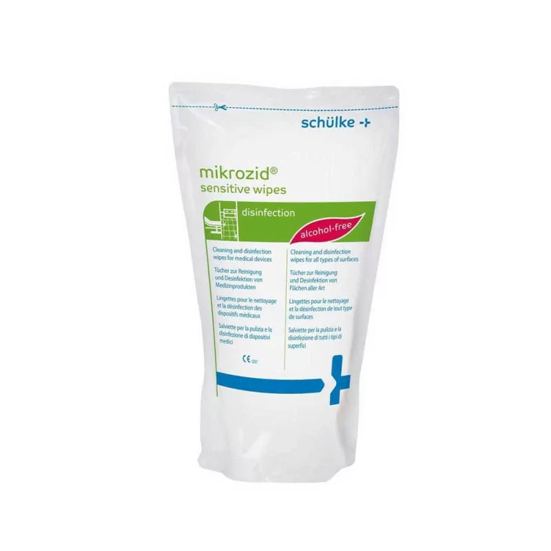 Schülke Mikrozid AF Jumbo Sensitive wipes refill box with 200 sheets, alcohol-free disinfectant wipes for sensitive skin.
