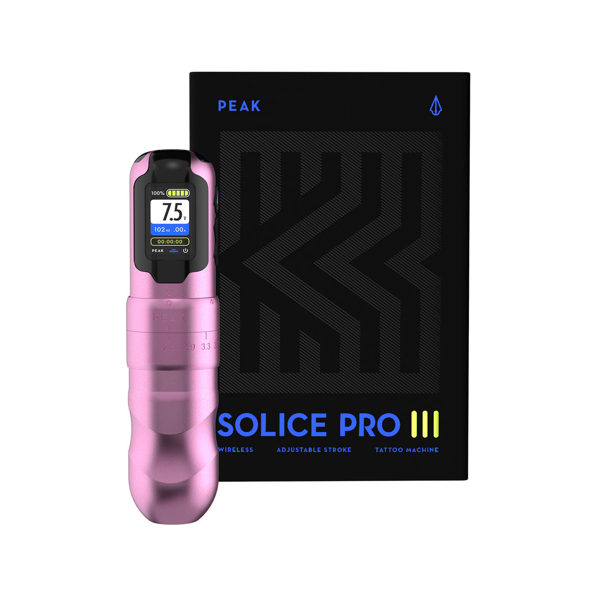 Pink PEAK Solice Pro V3 tattoo machine with ergonomic design, shown in a close-up image highlighting its sleek build and controls.
