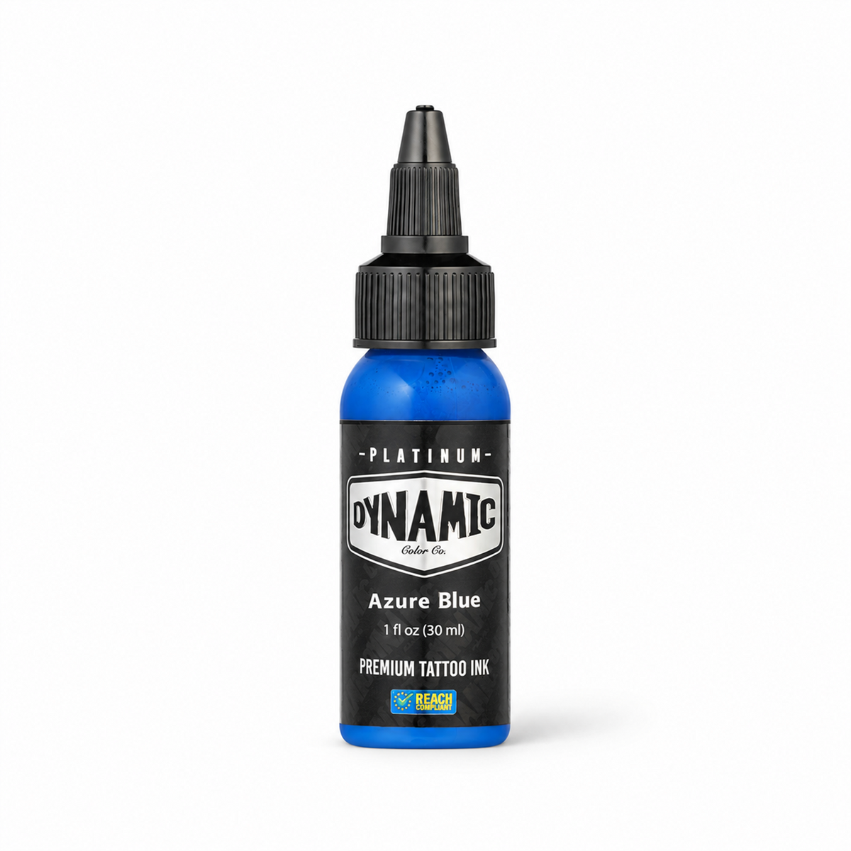 Platinum By Dynamic Tattoo Ink Azure Blue 30ml bottle on a white background with a natural shadow