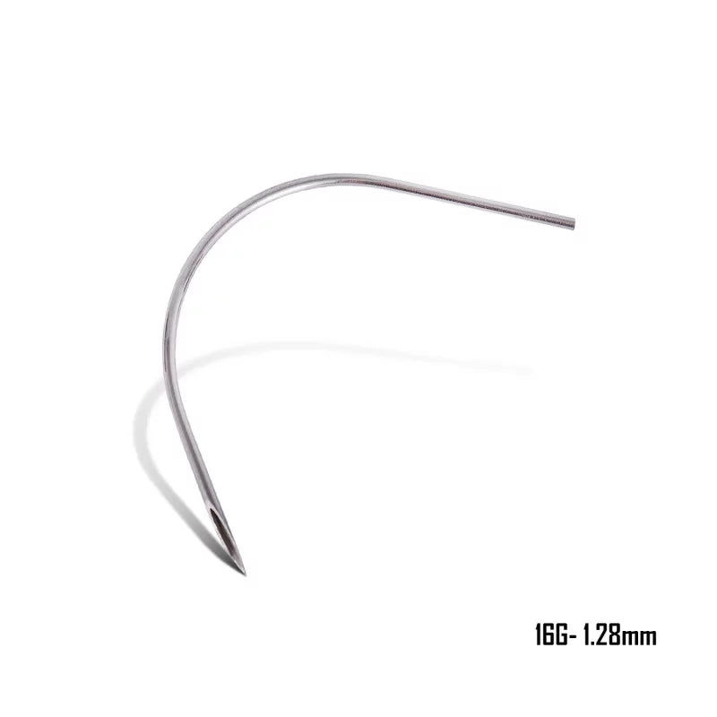 Close-up of BVShop precision straight and curved piercing needles displayed on a white background for professional body piercing.
