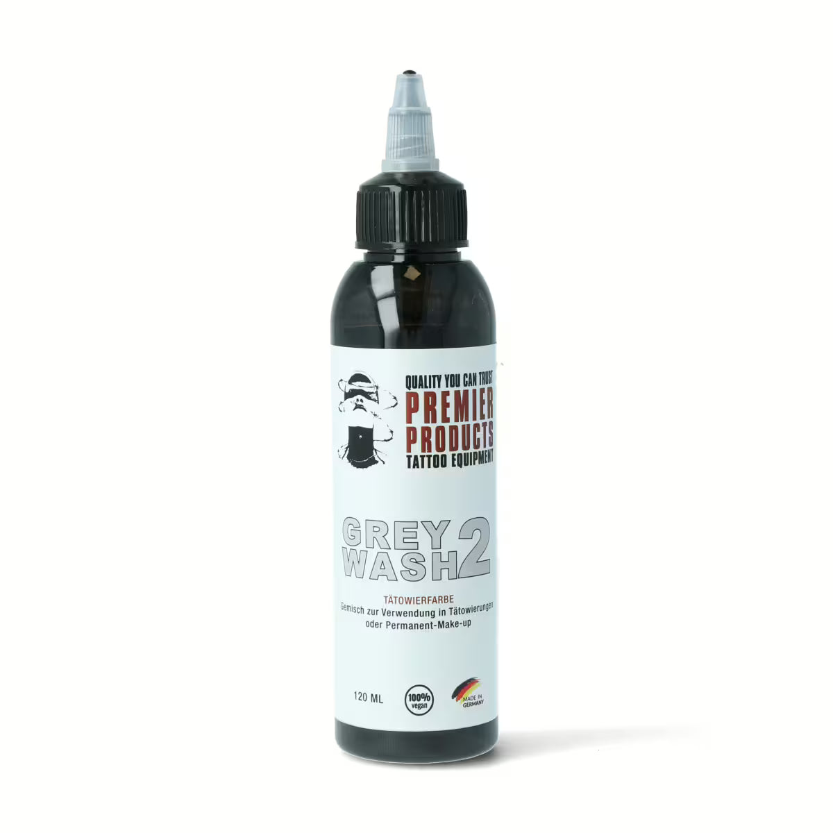 Greywash 2 pigment bottle by Premier Products Ink, 120ml, showing the grey pigment liquid in a clear container.