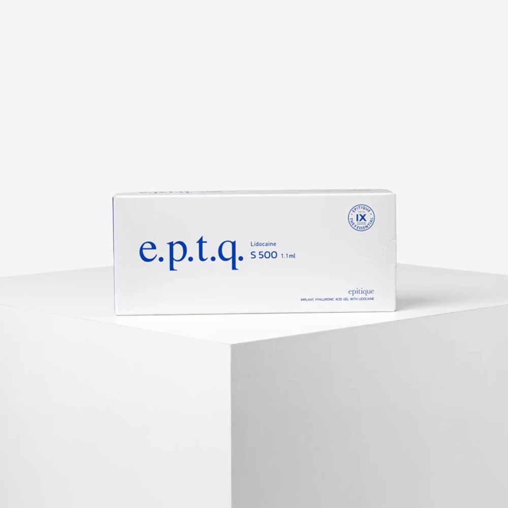 e.p.t.q. S500 Lidocaine Hyaluronic Filler syringe, 1.1 ml, with clear needle cap and labeling visible
