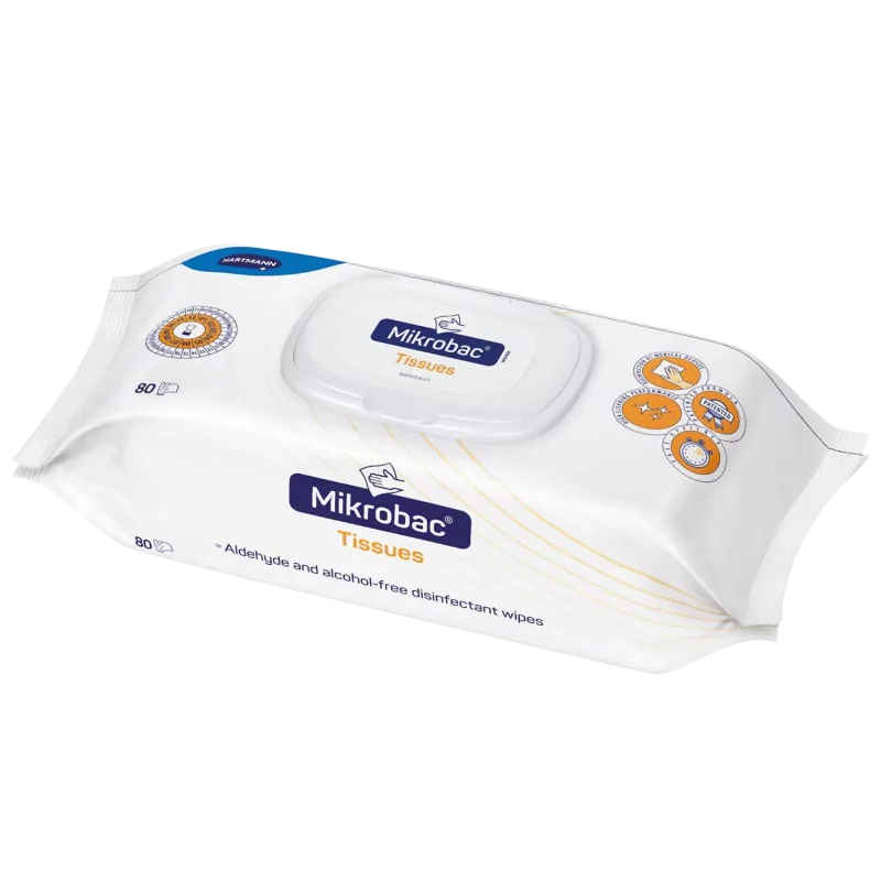 HARTMANN Mikrobac Tissues surface disinfection wipes without alcohol, 18cm x 20cm, showing the pack of disinfectant wipes.
