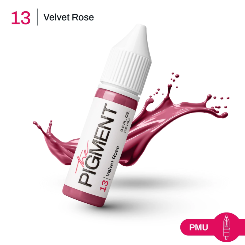 The Pigment 13 Velvet Rose pigment 15ml jar showing vibrant pinkish-red powder in a clear container.