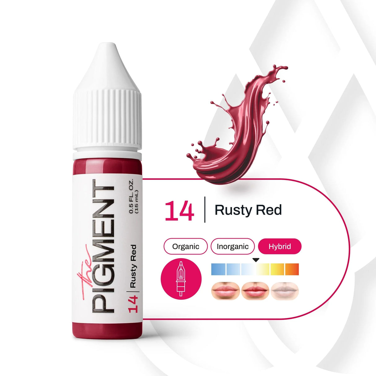 15ml bottle of The Pigment Rusty Red Pigment, vibrant rust-red color in a clear glass bottle with a black screw cap.