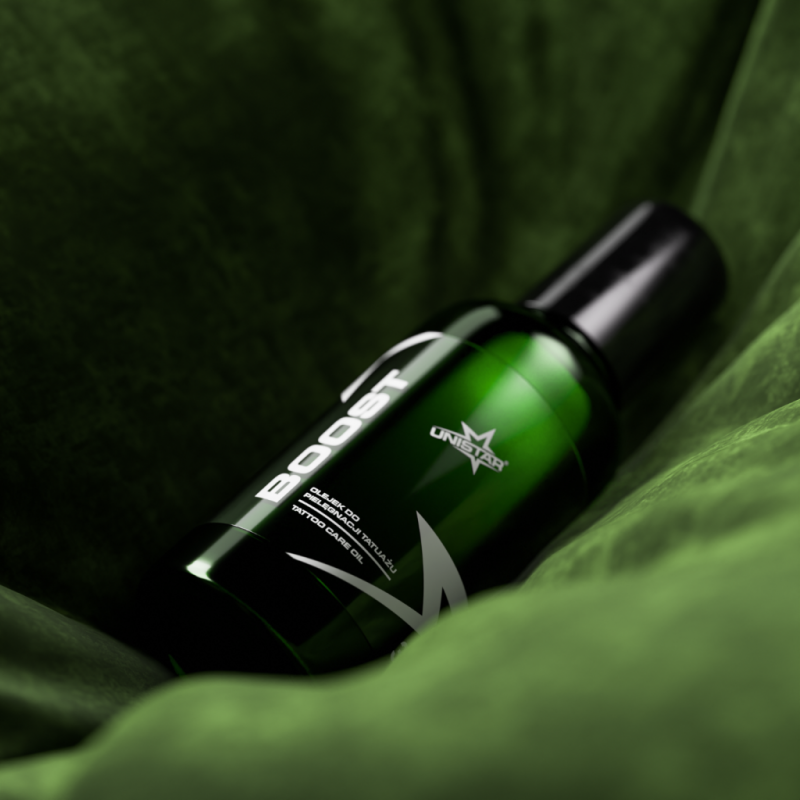 Unistar Boost Tattoo Care Oil 30ml bottle with label, designed for tattoo healing and skin nourishment.