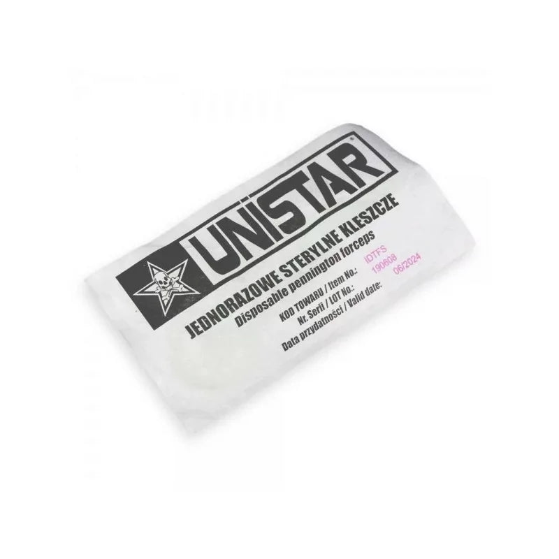 Unistar disposable plastic forceps with a slender tip and textured grip, designed for medical or laboratory use.