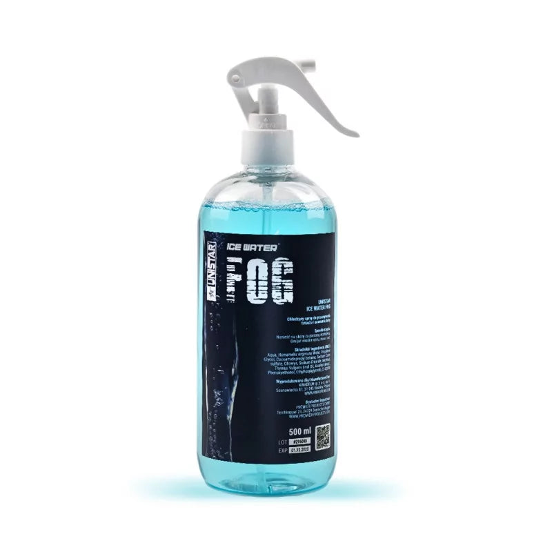 Unistar Ice Water Fog Spray 500ml bottle with clear nozzle and label, designed for cooling and fogging applications.