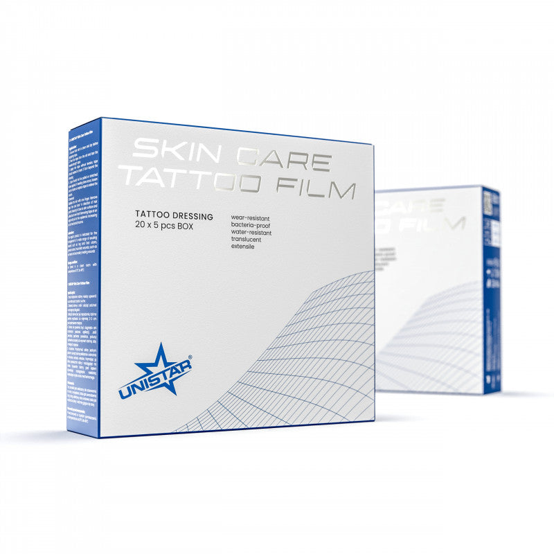 Unistar Skin Care Tattoo Film Dressing, 5 pieces of 12.5x12.5cm, clear protective dressing for tattoo aftercare.