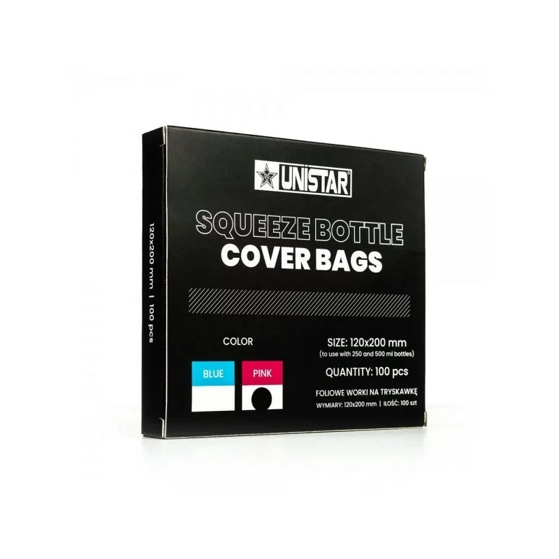 Unistar squeeze bottle bags in pink and blue, flexible plastic bags designed for easy storage and dispensing of liquids.