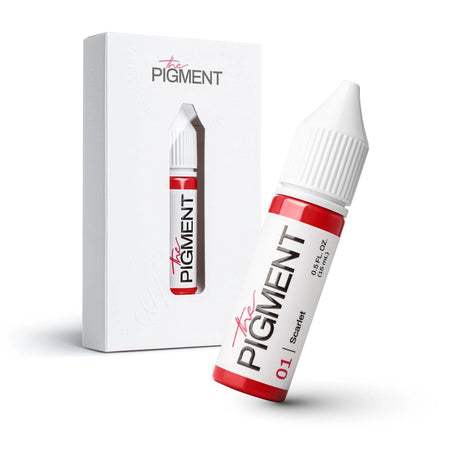 Bright scarlet pigment in a 15ml container from The Pigment, showcasing vibrant red color and smooth texture.
