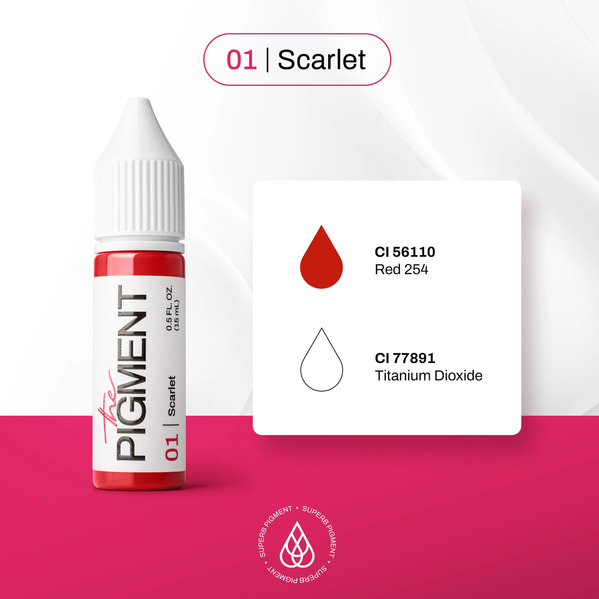Bright red Scarlet pigment in a 15ml jar from The Pigment brand, with the container labeled "01 Scarlet" on a dark background.