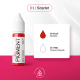 Bright red Scarlet pigment in a 15ml jar from The Pigment brand, with the container labeled "01 Scarlet" on a dark background.