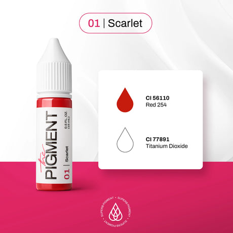 Bright red Scarlet pigment in a 15ml jar from The Pigment brand, with the container labeled "01 Scarlet" on a dark background.