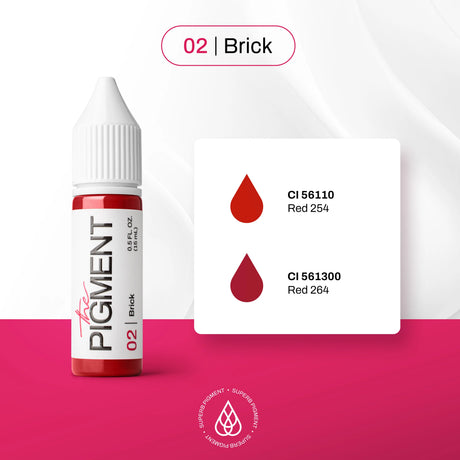 The Pigment 02 Brick Pigment in a 15ml bottle, showcasing warm brick-red color with a clear glass container and black cap.