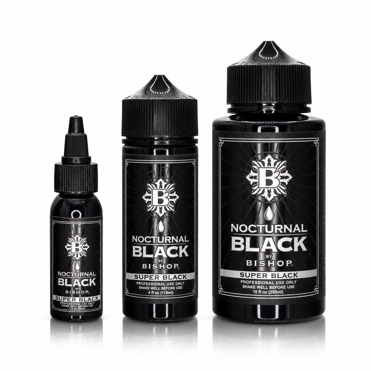 Nocturnal By Bishop Super Black 30ml, 118ml, 295ml — σύγκριση μεγεθών φιαλών