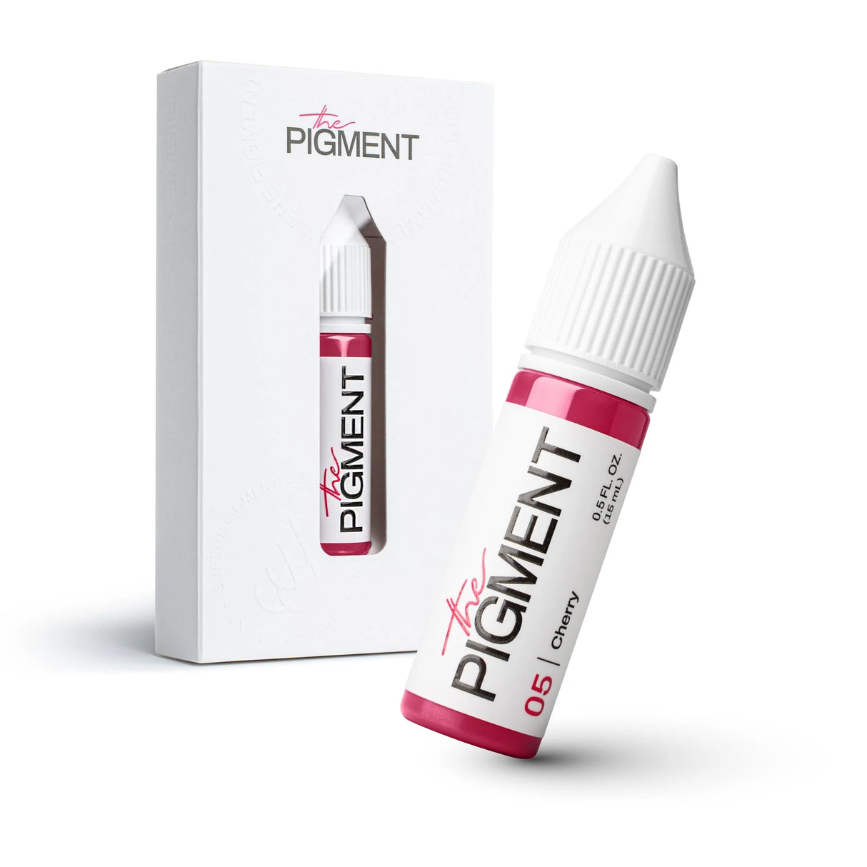 The Pigment 05 Cherry Pigment 15ml bottle showing vibrant red liquid in a clear glass container with a black screw cap.