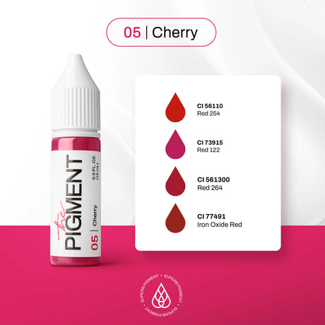 The Pigment 05 Cherry Pigment 15ml bottle with vibrant red liquid, showcasing the bright cherry color and clear label.