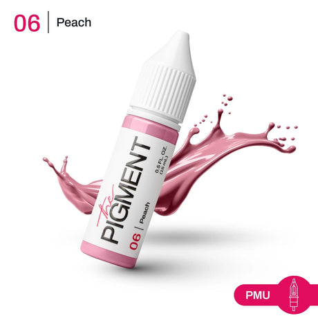 The Pigment 06 Peach Pigment 15ml bottle, vibrant orange-peach color, with label and clear glass container.