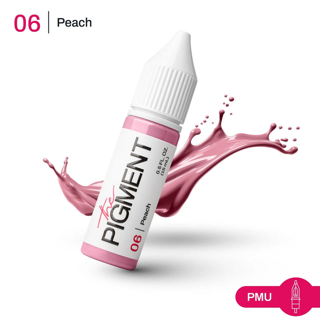 The Pigment 06 Peach Pigment 15ml bottle, vibrant orange-peach color, with label and clear glass container.