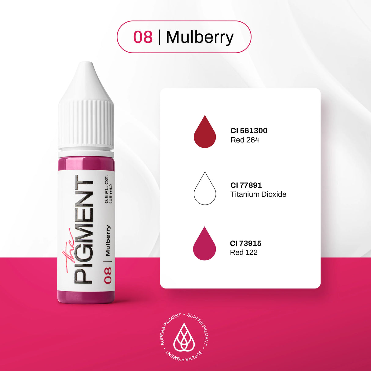 The Pigment 08 Mulberry pigment in a 15ml bottle, showing deep purple liquid with a black cap on a white background.
