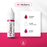 The Pigment 08 Mulberry pigment in a 15ml bottle, showing deep purple liquid with a black cap on a white background.